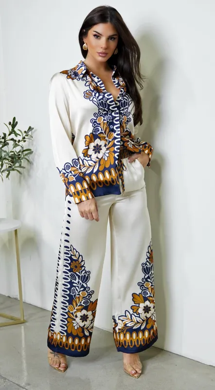 Georgina Floral Print Satin Set - Cream sold by Emprada
