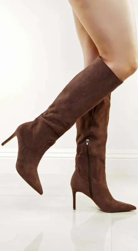 Tassa Faux Suede Pointed Toe Boots - Brown sold by Emprada