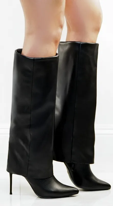 Yetta Pointed Toe Overlay High Heel Boots - Black sold by Emprada