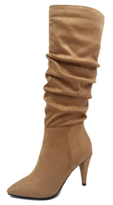 Camilla Ruched Faux Suede Knee High Boots - Taupe sold by Emprada