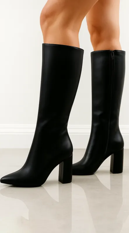 Sasha Block Heel Pointed Toe Boots - Black sold by Emprada