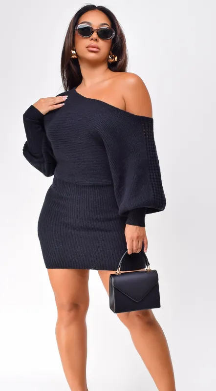 Moscow Off Shoulder Sweater Mini Dress - Black sold by Emprada