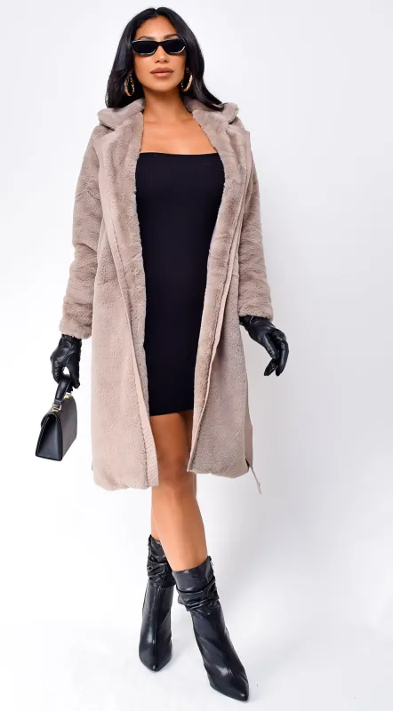 Cataleya Long Faux Fur Coat - Taupe sold by Emprada
