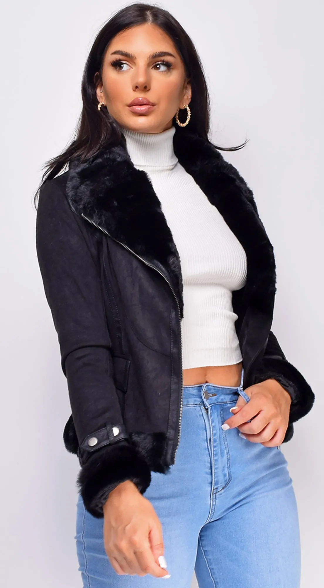 Blaer Black Suede Faux Fur Moto Jacket sold by Emprada product image thumbnail 3