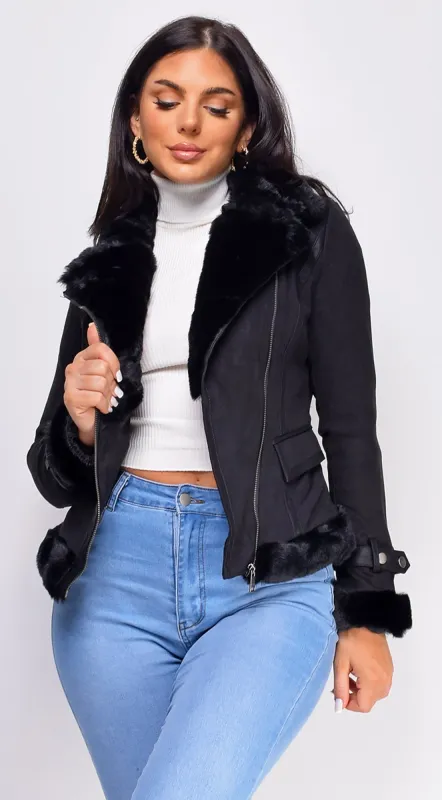 Blaer Black Suede Faux Fur Moto Jacket sold by Emprada