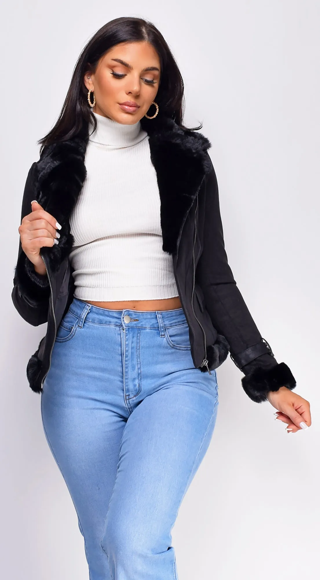 Blaer Black Suede Faux Fur Moto Jacket sold by Emprada product image thumbnail 2