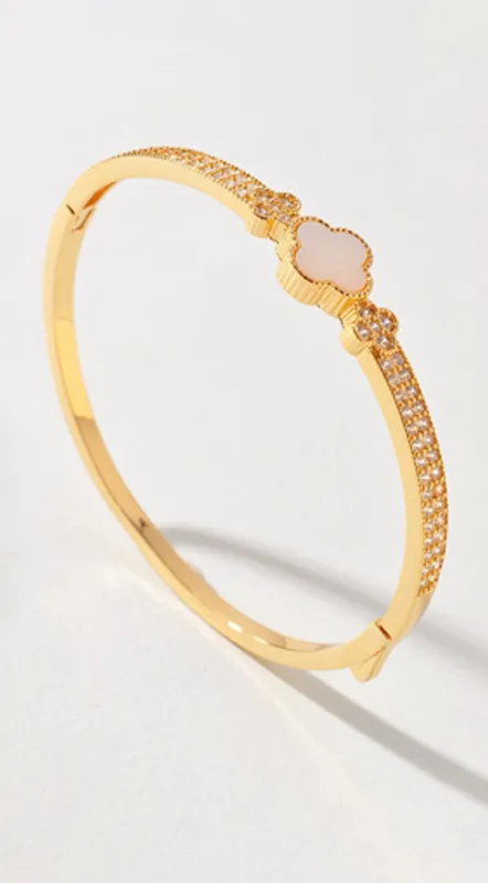 Imy Gold Plated Pearl Cubic Zirconia Clover Bangle Bracelet - Gold sold by Emprada