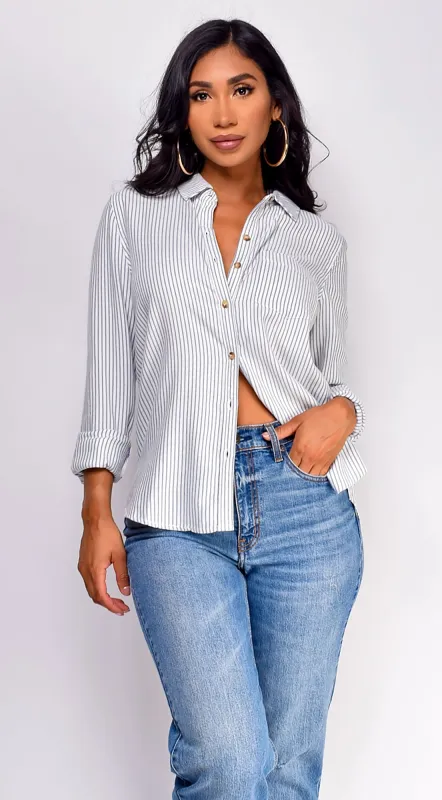 Nawal Pinstripe Button Down Shirt - Blue sold by Emprada