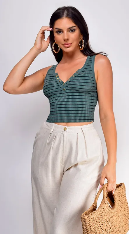 Rey Stripe Button Front Henley Crop Top - Green sold by Emprada