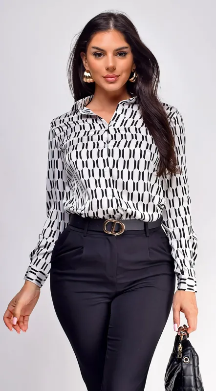 Naia Geo Print Satin Button Down Shirt sold by Emprada