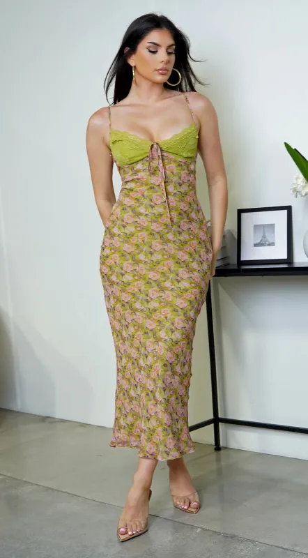 Rivka Floral Chiffon Lace Detail Maxi Dress - Green sold by Emprada