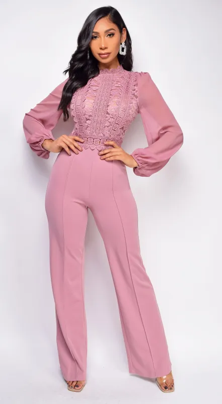 Nerine Crochet Lace Mesh Jumpsuit - Pink sold by Emprada