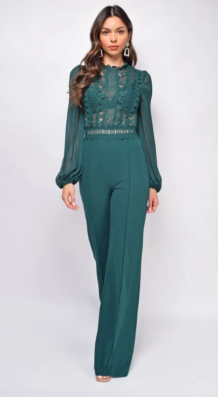 Nerine Crochet Lace Mesh Jumpsuit - Hunter Green sold by Emprada