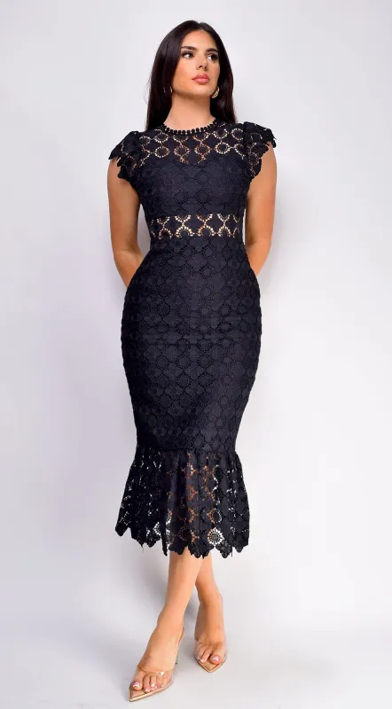 Phoebe Eyelet Lace Ruffle Midi Dress - Black sold by Emprada