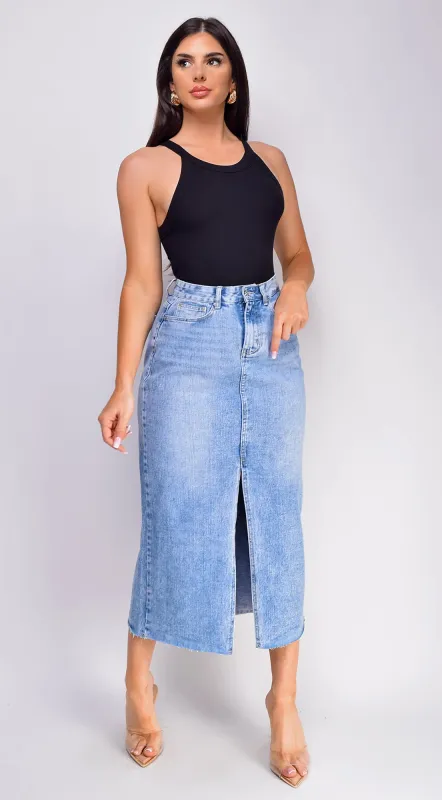 Frances High Rise Denim Midi Skirt - Blue sold by Emprada