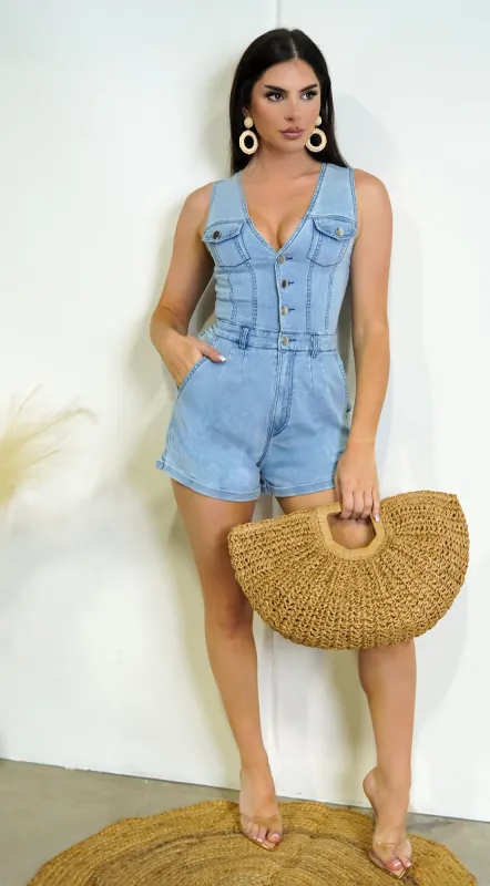 Inaya Denim Button Down Romper - Blue sold by Emprada