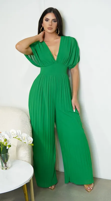 Selene V Neck Pleated Jumpsuit - Green sold by Emprada