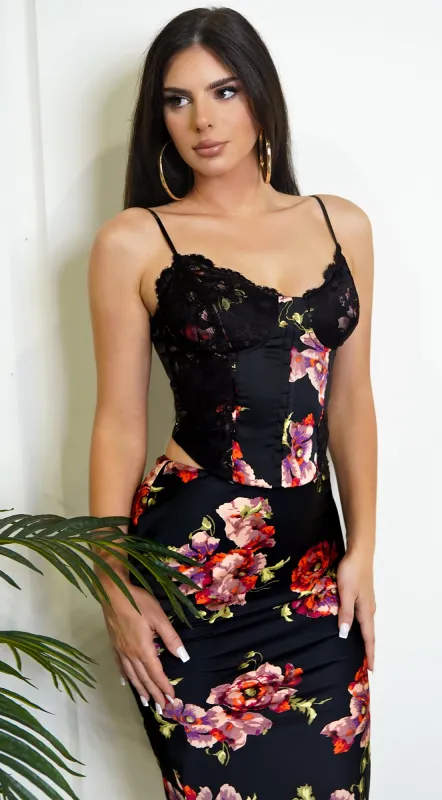 Freya Black Red Rose Floral Print Lace Satin Set sold by Emprada
