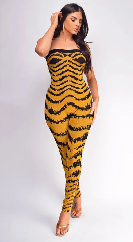 Clara Amber Yellow Jacquard Lurex Jumpsuit sold by Emprada