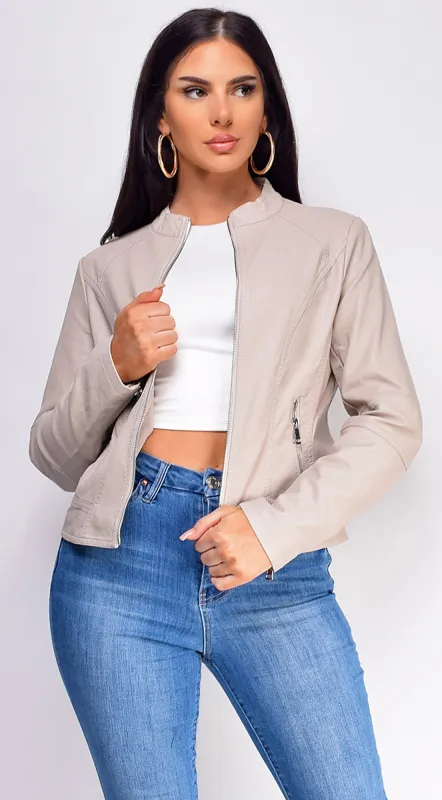 Sona Beige Classic Faux Leather Jacket sold by Emprada