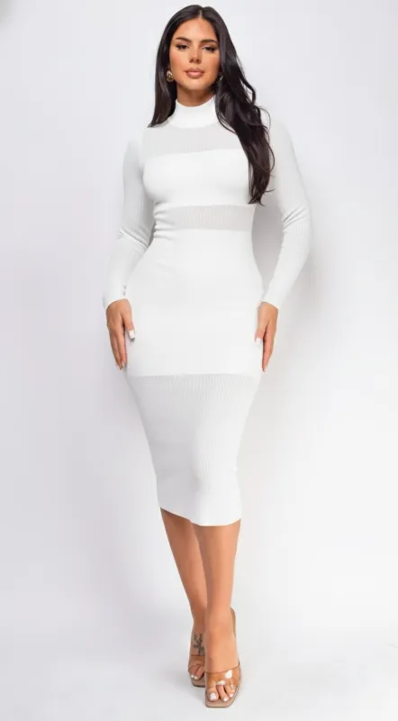 Taima High Neck Sheer Pointelle Midi Dress - White sold by Emprada