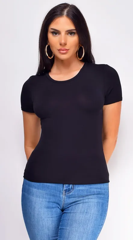 Tina Black Basic Short Sleeve Top sold by Emprada