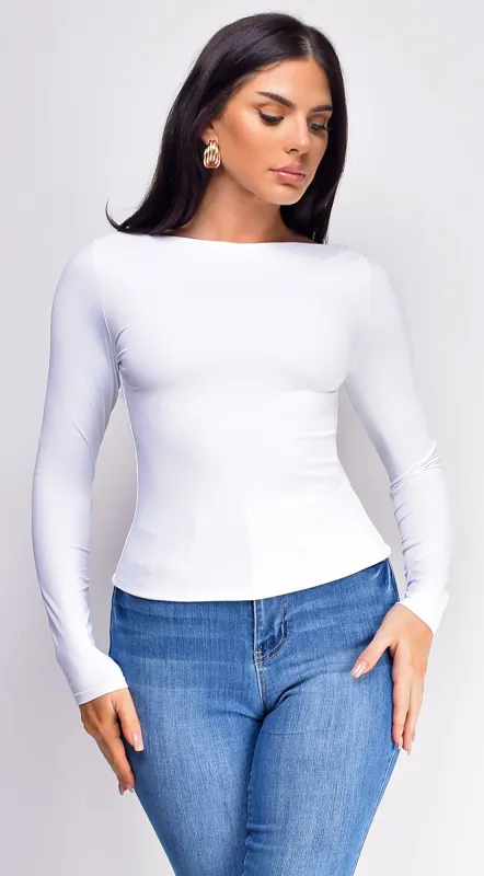 Rhylie Basic Boat Neck Long Sleeve Top - White sold by Emprada