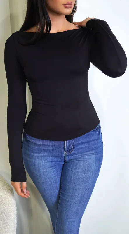 Rhylie Basic Boat Neck Long Sleeve Top - Black sold by Emprada