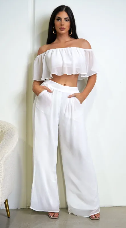 Matilda White Off Shoulder Wide Leg Pant Set sold by Emprada