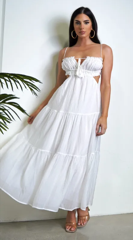 Kyra White Boho Tiered Maxi Dress sold by Emprada