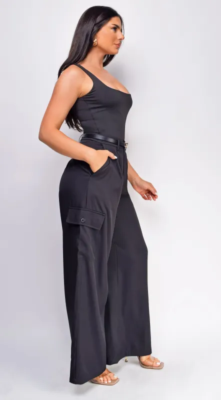 Iva Black Wide Leg Cargo Pocket Pants sold by Emprada