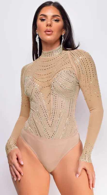 Elodie Beige Mesh Rhinestone Bodysuit sold by Emprada
