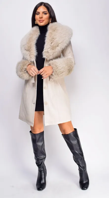 Roma Cream Beige PU Leather Faux Fur Coat sold by Emprada