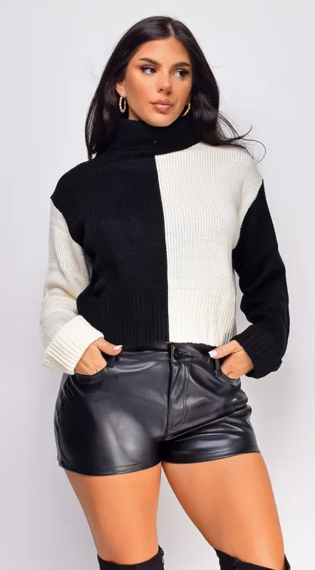 Kaia Black White Color Block Turtle Neck Sweater Top sold by Emprada