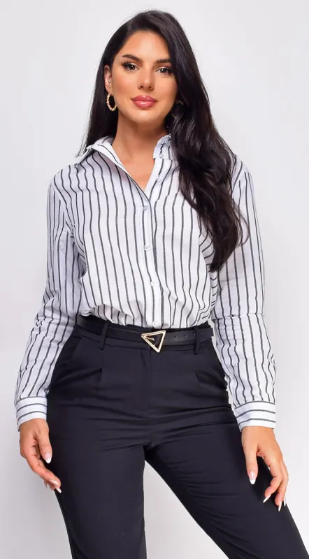 Lencia White Black Striped Button Down Top sold by Emprada