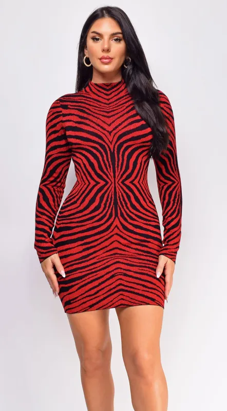 Zula Red Black Animal Print High Neck Lurex Mini Dress sold by Emprada