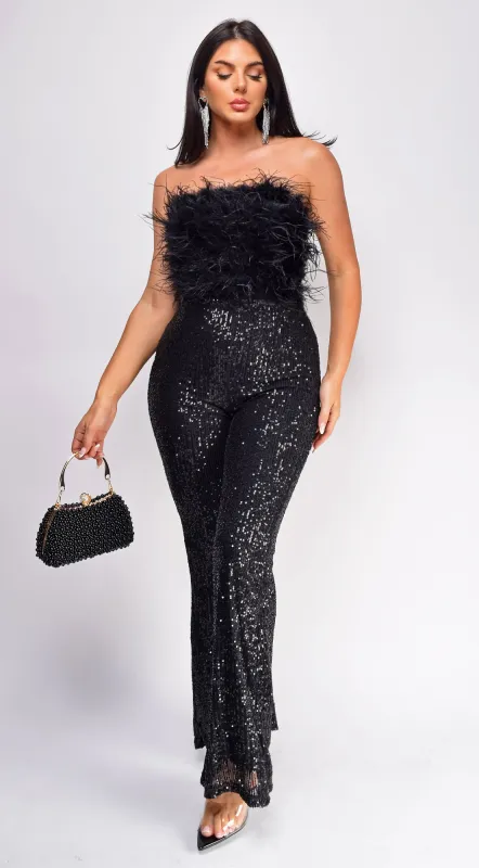 Willa Black Feather Sequin Jumpsuit sold by Emprada