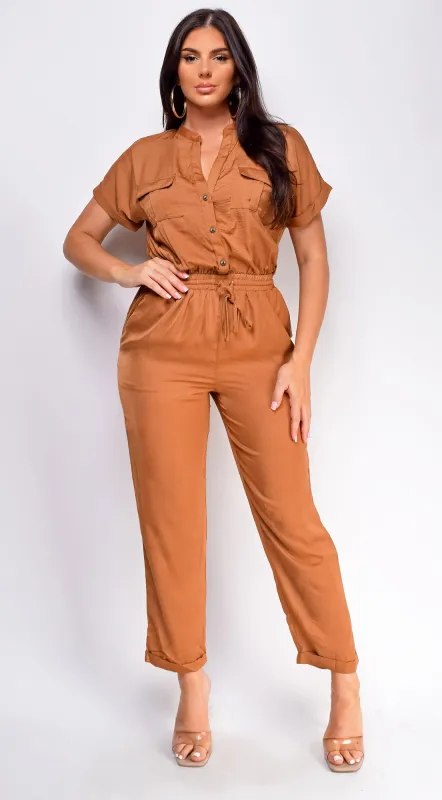 Darya Button Up Jumpsuit - Mocha Brown sold by Emprada