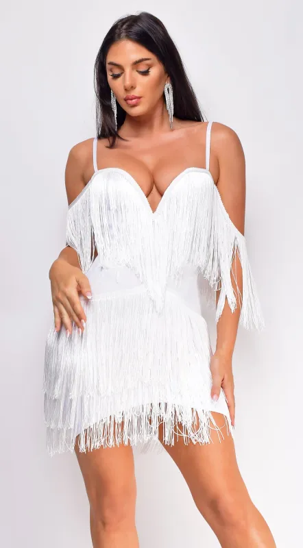 Julie White Fringe Off The Shoulder Bandage Dress sold by Emprada
