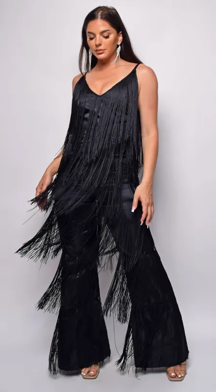 Daciana Black Fringe Jumpsuit sold by Emprada