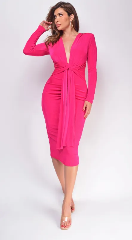 Alicyn Fuchsia Pink Waist Tie Long Sleeve Midi Dress sold by Emprada