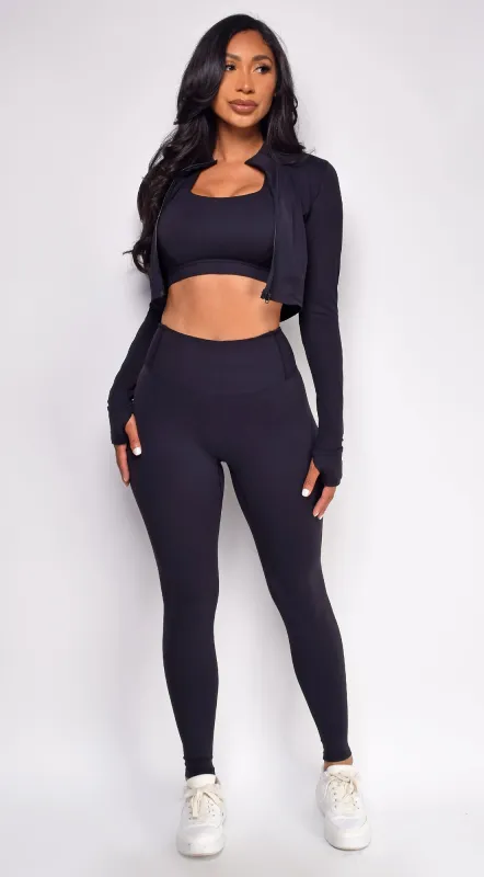 Rhythm Black Jacket Legging Bra 3 Piece Active Set sold by Emprada