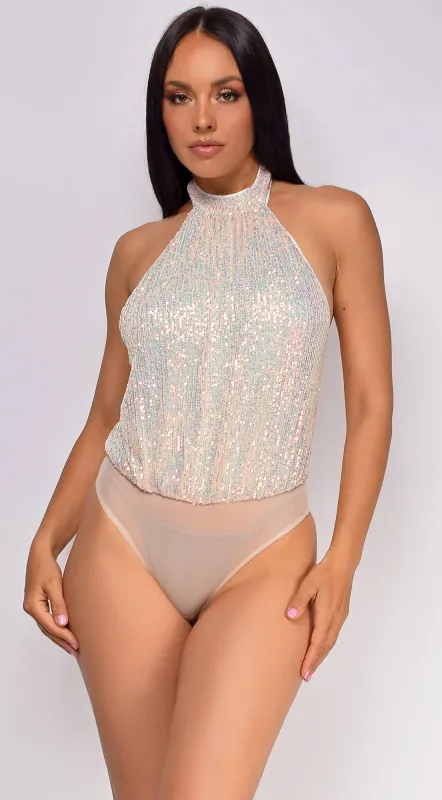 Catalda Nude Opal Sequin Halter Open back Bodysuit sold by Emprada
