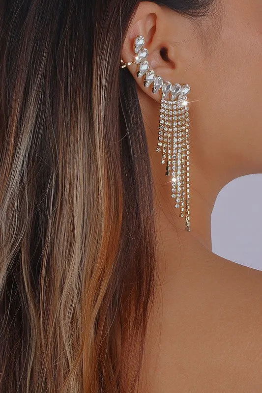 Shiny Gold Rhinestone Long Fringe Drop Earrings sold by Emprada