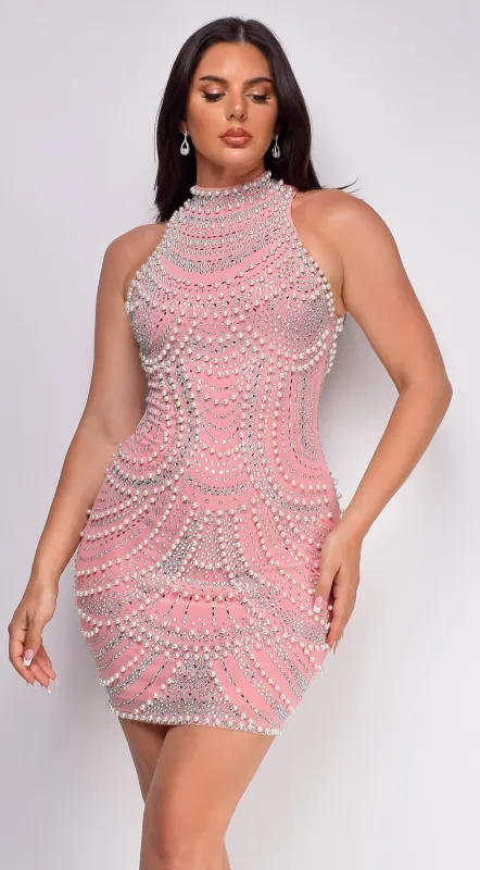 Vance Pink Rhinestone Pearl Mini Dress sold by Emprada
