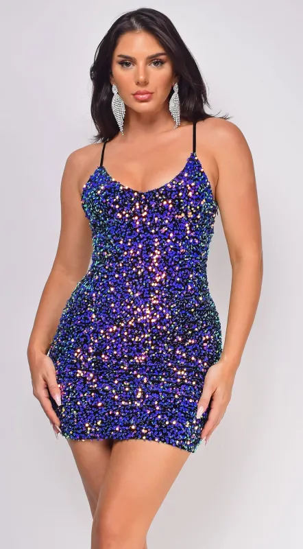Lune Purple Multi Color Sequin Mini Dress sold by Emprada