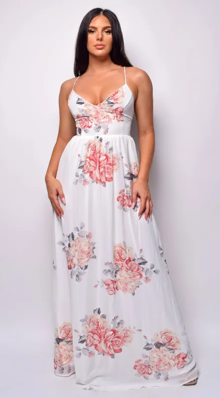 Fayola White Floral Print Maxi Dress sold by Emprada