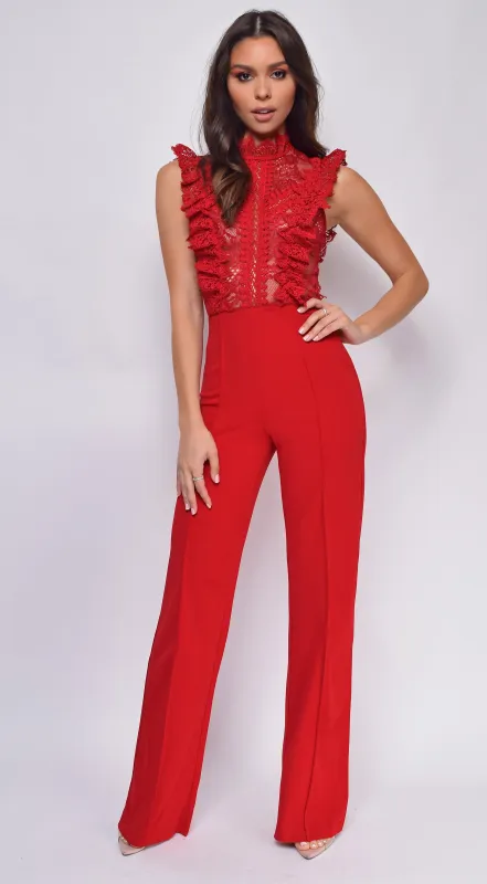 Vanna Crochet Flared leg Jumpsuit - Red sold by Emprada