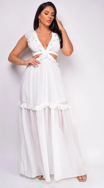 Behati White Ruffle Maxi Dress sold by Emprada