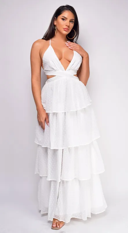 Kamaria White Tiered Maxi Dress sold by Emprada